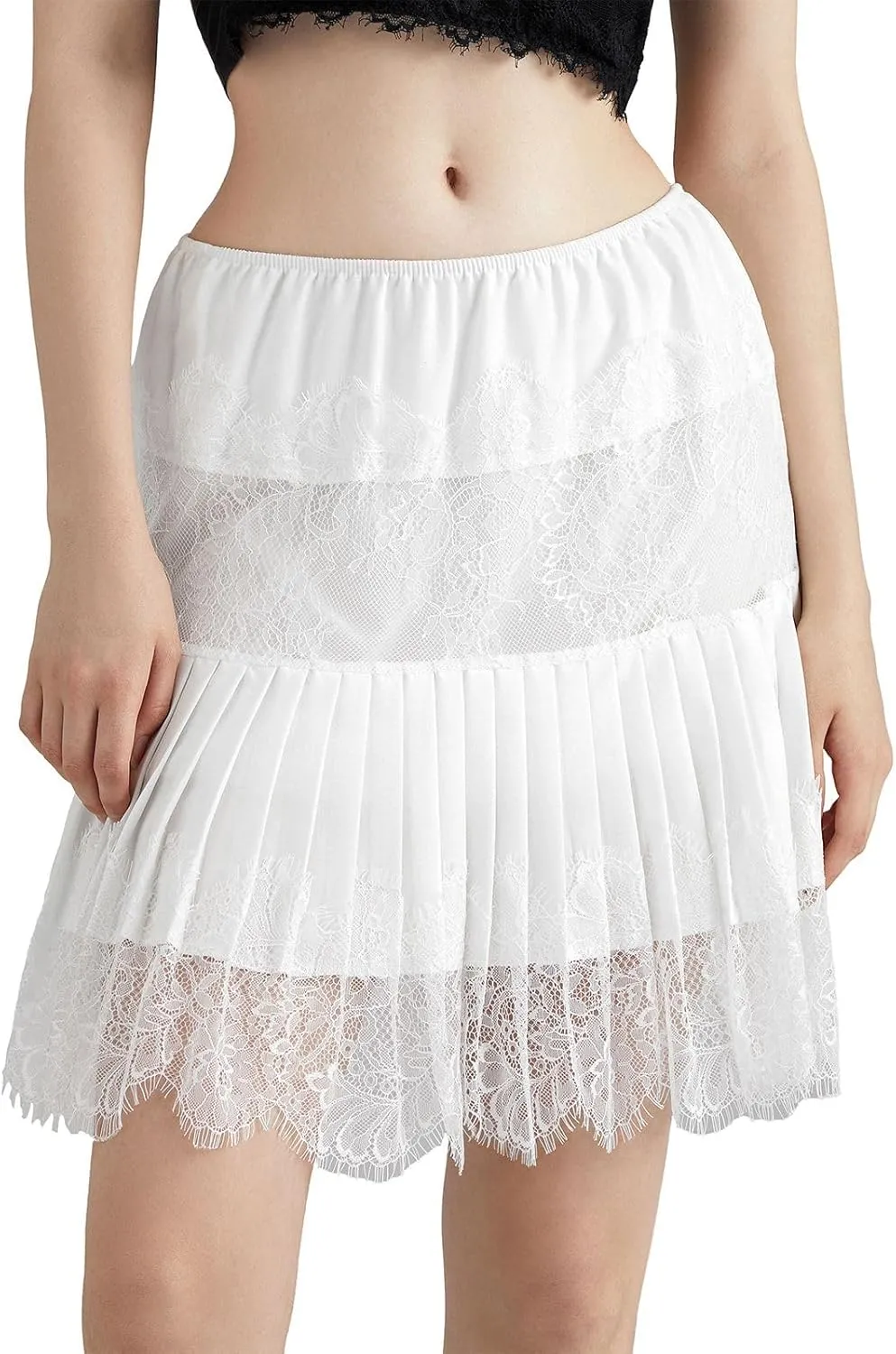 Women Y2k Lace Trim Slip Skirt A Line Pleated Flowy Layered Short Skirts Floral Lace Ruffle Tiered Half Underskirt