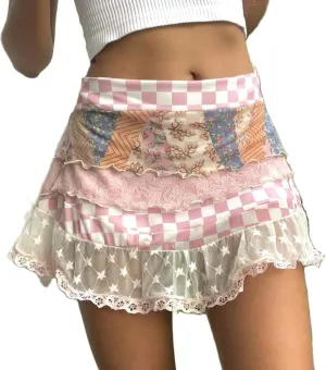 Women Y2k Lace Trim Slip Skirt A Line Pleated Flowy Layered Short Skirts Floral Lace Ruffle Tiered Half Underskirt