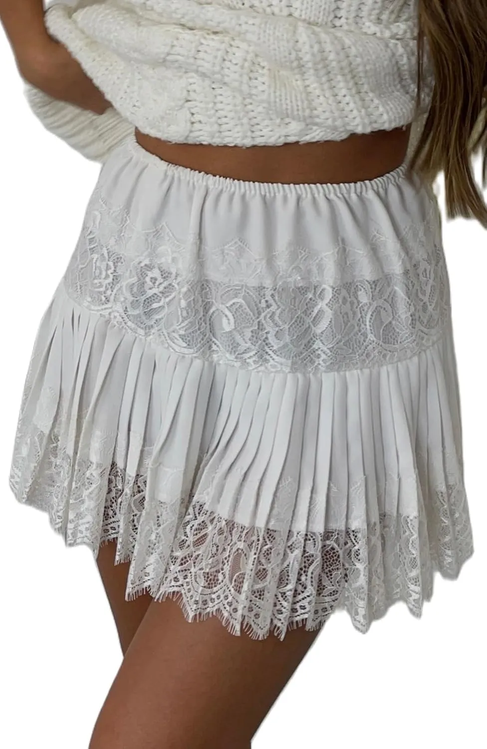 Women Y2k Lace Trim Slip Skirt A Line Pleated Flowy Layered Short Skirts Floral Lace Ruffle Tiered Half Underskirt