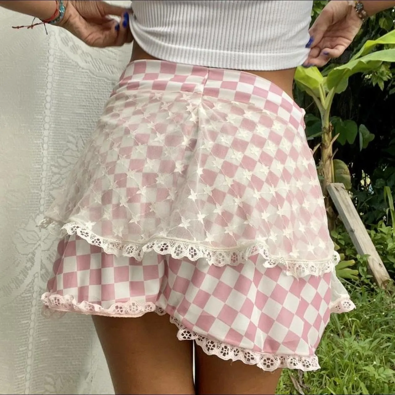 Women Y2k Lace Trim Slip Skirt A Line Pleated Flowy Layered Short Skirts Floral Lace Ruffle Tiered Half Underskirt