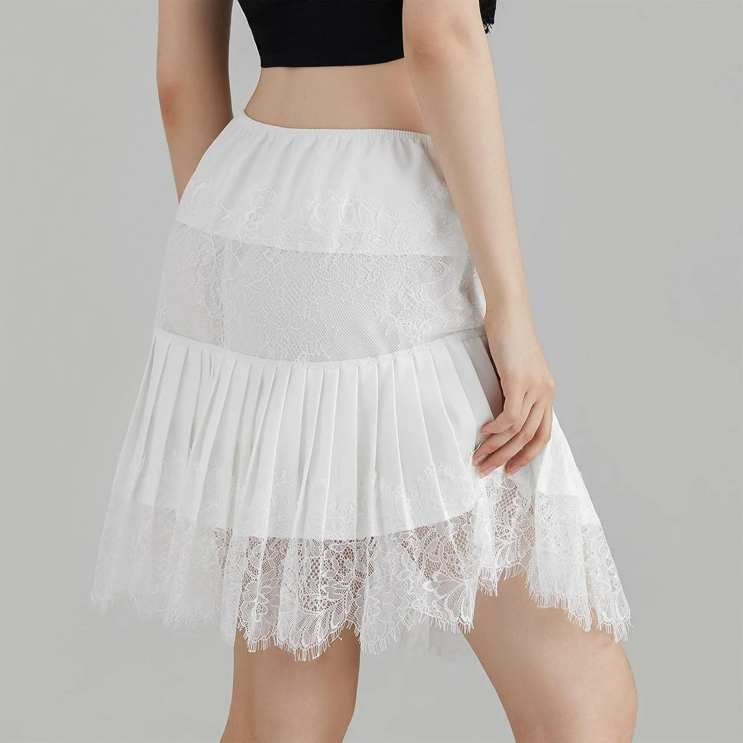 Women Y2k Lace Trim Slip Skirt A Line Pleated Flowy Layered Short Skirts Floral Lace Ruffle Tiered Half Underskirt