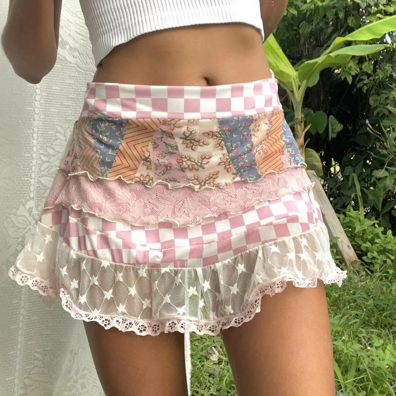 Women Y2k Lace Trim Slip Skirt A Line Pleated Flowy Layered Short Skirts Floral Lace Ruffle Tiered Half Underskirt