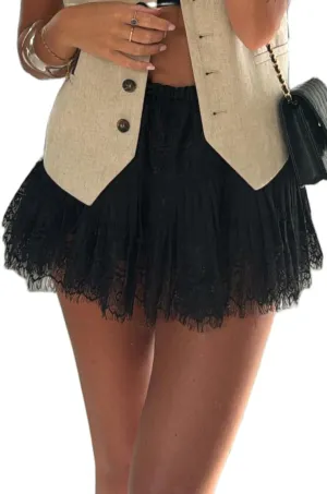 Women Y2k Lace Trim Slip Skirt A Line Pleated Flowy Layered Short Skirts Floral Lace Ruffle Tiered Half Underskirt