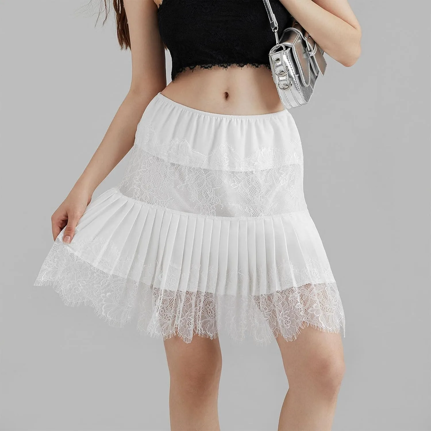 Women Y2k Lace Trim Slip Skirt A Line Pleated Flowy Layered Short Skirts Floral Lace Ruffle Tiered Half Underskirt
