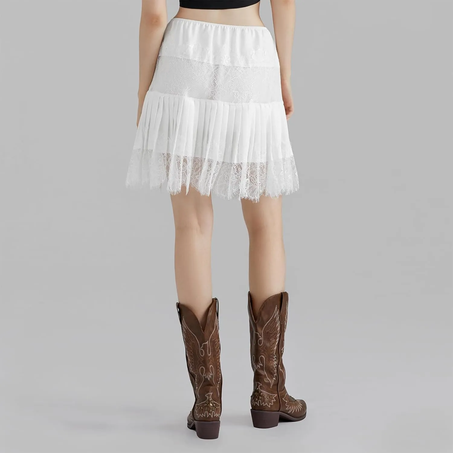 Women Y2k Lace Trim Slip Skirt A Line Pleated Flowy Layered Short Skirts Floral Lace Ruffle Tiered Half Underskirt