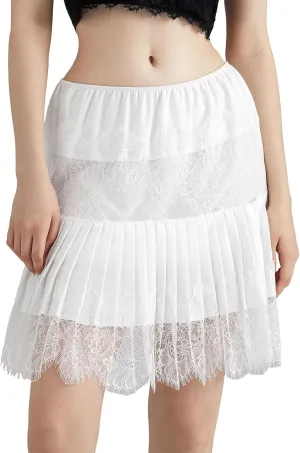 Women Y2k Lace Trim Slip Skirt A Line Pleated Flowy Layered Short Skirts Floral Lace Ruffle Tiered Half Underskirt