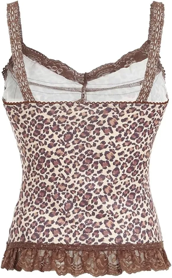 Women Y2K Print Lace Trim Camis Top Vintage Sleeveless Tank Top
