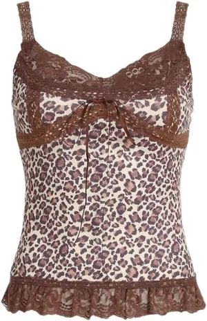 Women Y2K Print Lace Trim Camis Top Vintage Sleeveless Tank Top