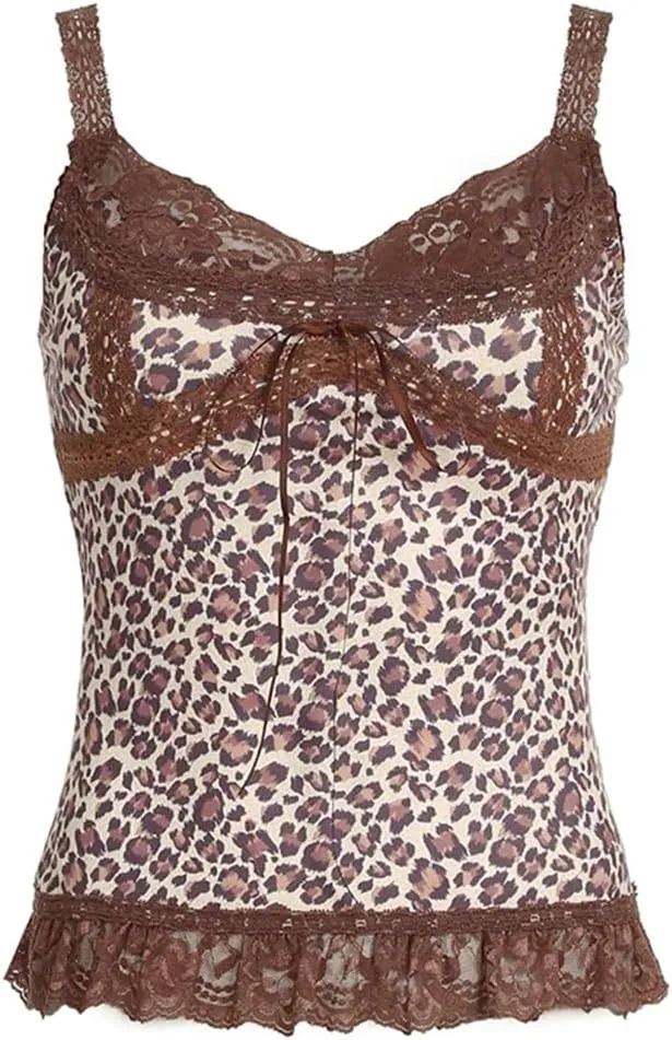 Women Y2K Print Lace Trim Camis Top Vintage Sleeveless Tank Top
