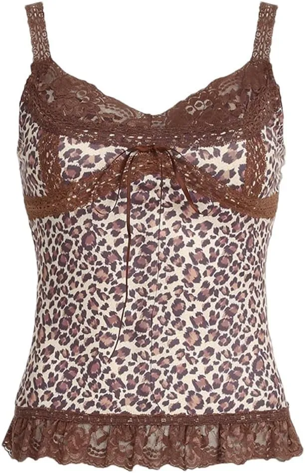 Women Y2K Print Lace Trim Camis Top Vintage Sleeveless Tank Top