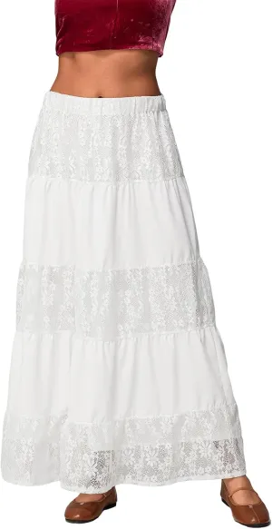 Women Y2k Sheer Lace Trim Fairy Maxi Skirt Elastic High Waist Solid Color Ruffle Tiered Boho Long Skirts