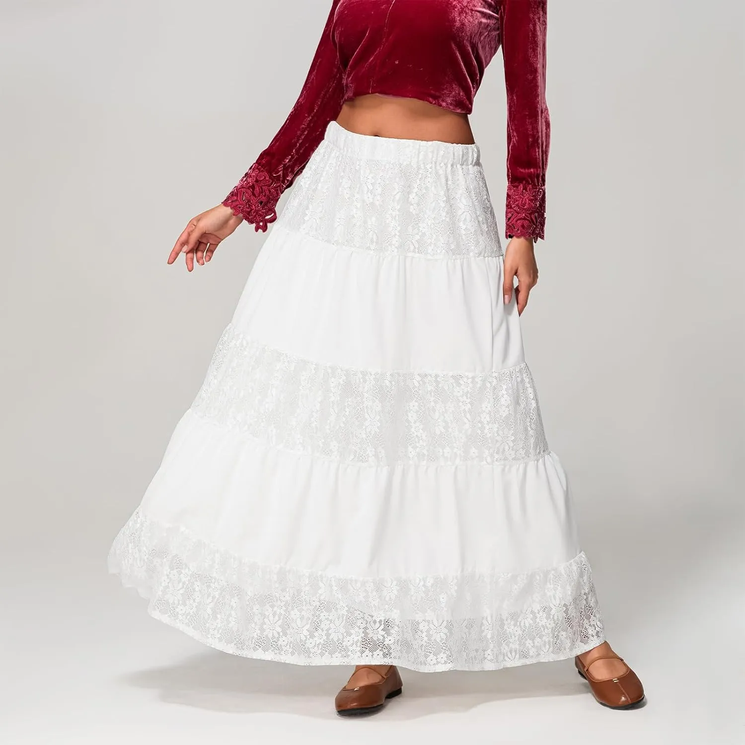Women Y2k Sheer Lace Trim Fairy Maxi Skirt Elastic High Waist Solid Color Ruffle Tiered Boho Long Skirts