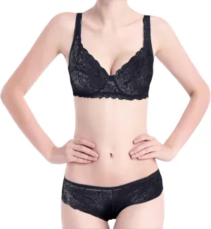 Women's 2 Piece Lingerie Set Floral Mesh Semi Sheer Push Up Lace Bralette Lace Panty Babydoll Lingerie Sets Underwear