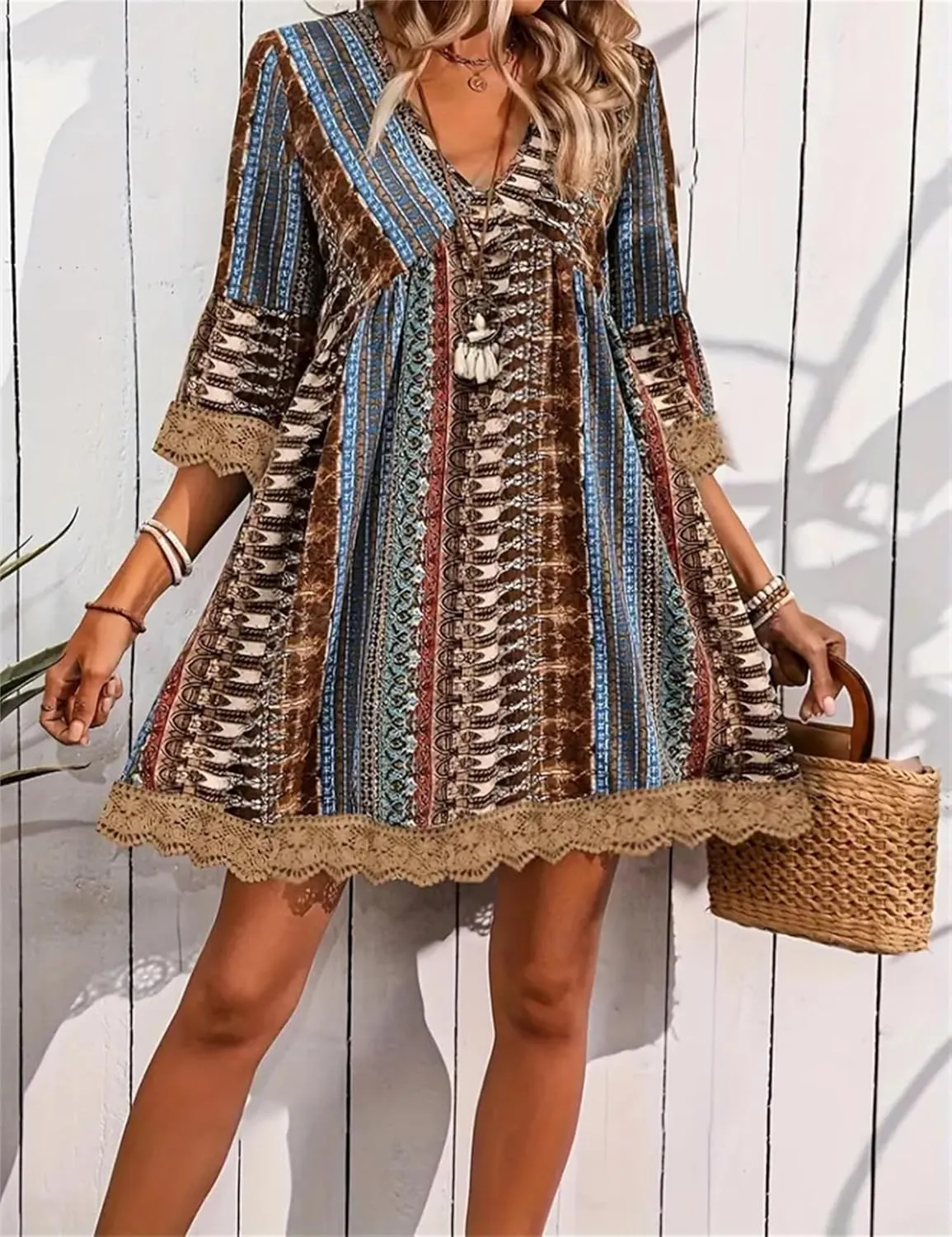Womens Boho Floral Printed 3/4 Sleeve Lace Trim Mini Dress V Neck High Waist Summer Shift Swing A-line Short Sundress