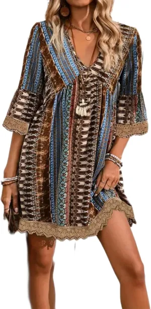 Womens Boho Floral Printed 3/4 Sleeve Lace Trim Mini Dress V Neck High Waist Summer Shift Swing A-line Short Sundress