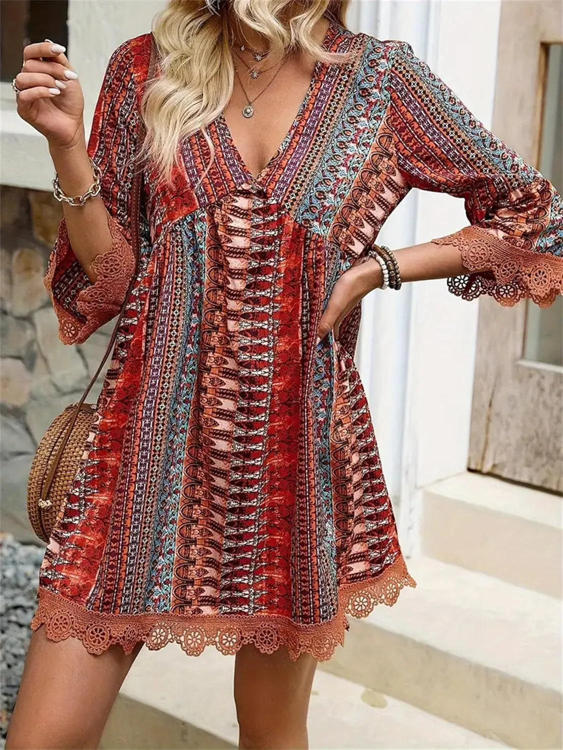 Womens Boho Floral Printed 3/4 Sleeve Lace Trim Mini Dress V Neck High Waist Summer Shift Swing A-line Short Sundress