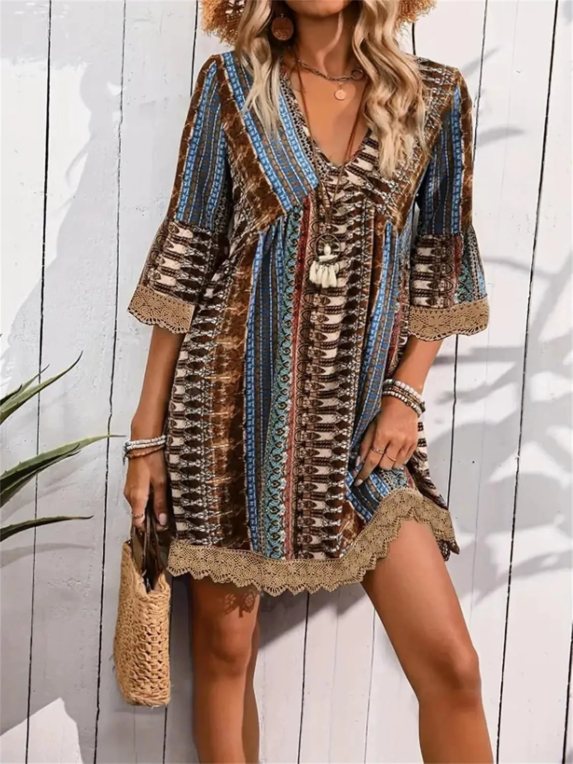 Womens Boho Floral Printed 3/4 Sleeve Lace Trim Mini Dress V Neck High Waist Summer Shift Swing A-line Short Sundress