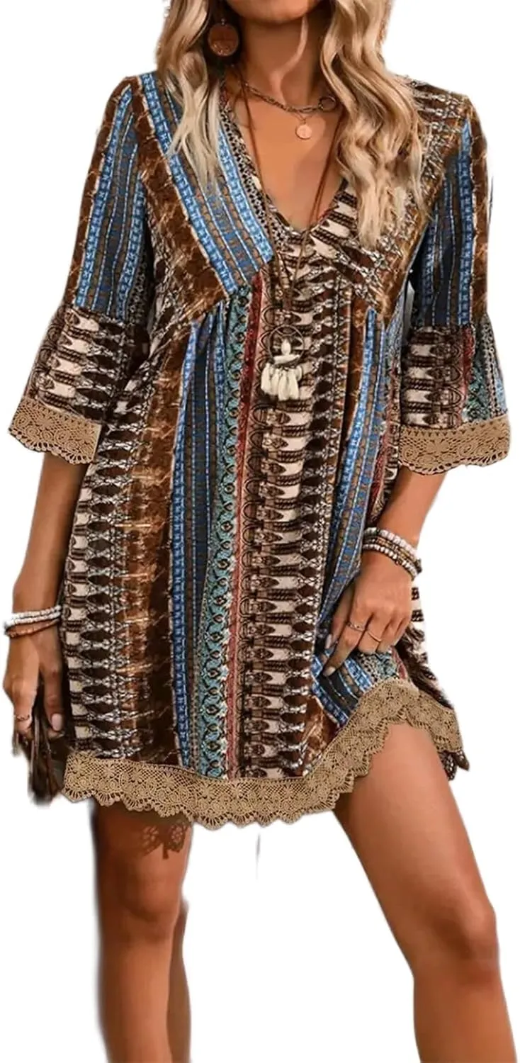 Womens Boho Floral Printed 3/4 Sleeve Lace Trim Mini Dress V Neck High Waist Summer Shift Swing A-line Short Sundress