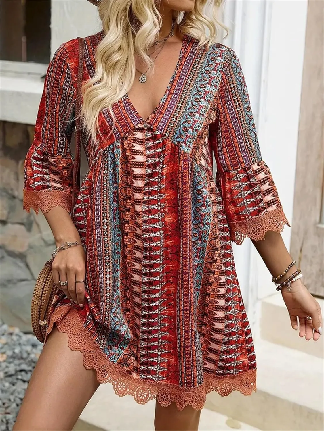 Womens Boho Floral Printed 3/4 Sleeve Lace Trim Mini Dress V Neck High Waist Summer Shift Swing A-line Short Sundress
