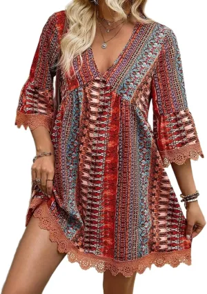 Womens Boho Floral Printed 3/4 Sleeve Lace Trim Mini Dress V Neck High Waist Summer Shift Swing A-line Short Sundress
