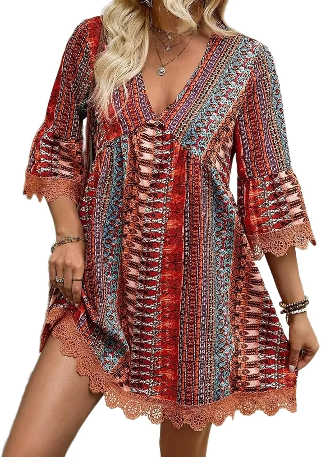 Womens Boho Floral Printed 3/4 Sleeve Lace Trim Mini Dress V Neck High Waist Summer Shift Swing A-line Short Sundress