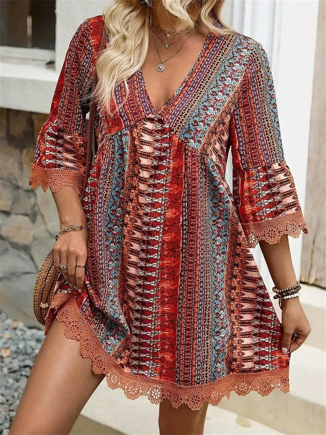 Womens Boho Floral Printed 3/4 Sleeve Lace Trim Mini Dress V Neck High Waist Summer Shift Swing A-line Short Sundress