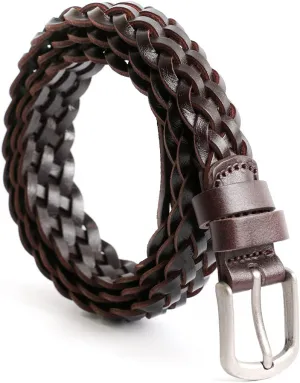 Women's Braided Genuine Real Leather Narrow Belt Adjustable Casual Waist Strap for Jeans Dresses Everyday Outfits