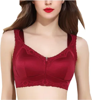 Womens Bras No Underwire Full Support Wireless Anti-Sagging Kendally Bras Front Zip Breathable Satin Lace Bralettes