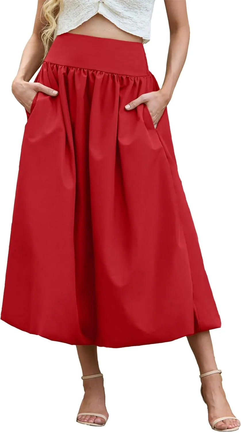 Women's Bubble Long Skirt Elastic Waist A-Line Pleated Ruffle Flowy Balloon Maxi Skirts with Pockets