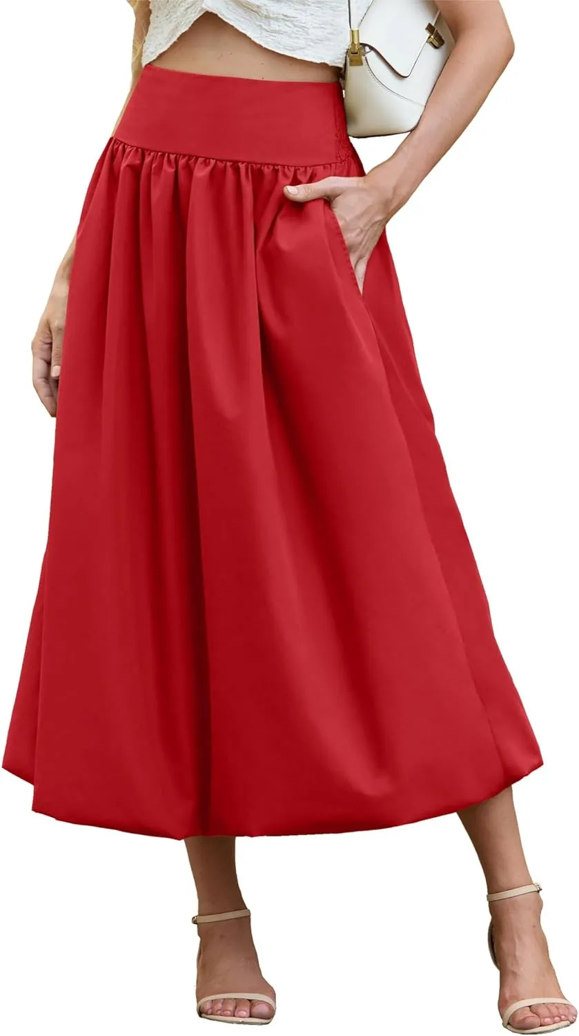 Women's Bubble Long Skirt Elastic Waist A-Line Pleated Ruffle Flowy Balloon Maxi Skirts with Pockets