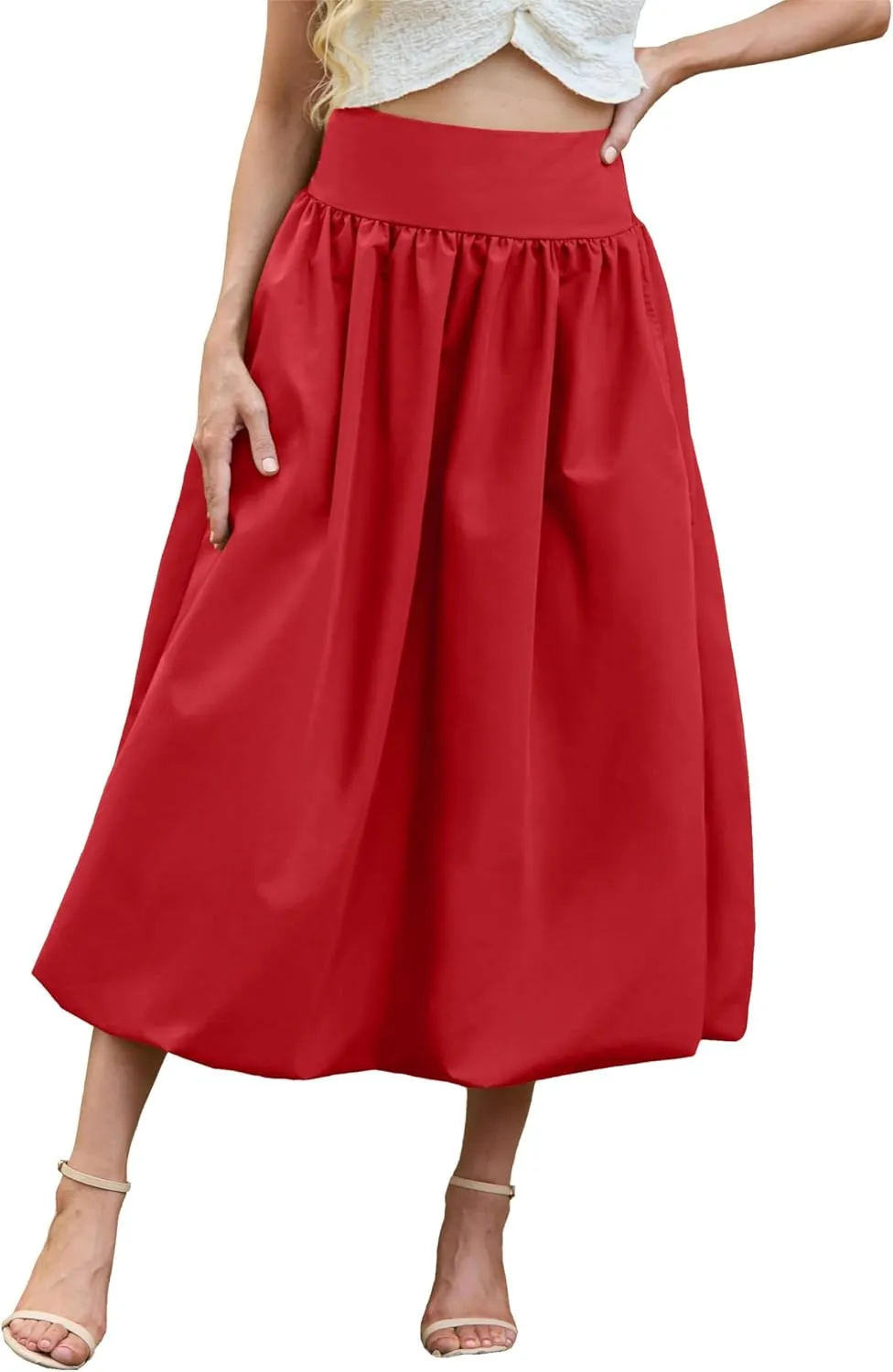 Women's Bubble Long Skirt Elastic Waist A-Line Pleated Ruffle Flowy Balloon Maxi Skirts with Pockets