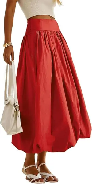 Women's Bubble Long Skirt Elastic Waist A-Line Pleated Ruffle Flowy Balloon Maxi Skirts with Pockets