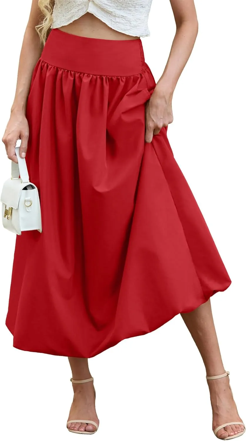 Women's Bubble Long Skirt Elastic Waist A-Line Pleated Ruffle Flowy Balloon Maxi Skirts with Pockets