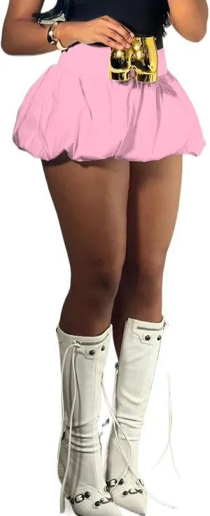Women's Bubble Mini Skirt Elastic High Waist Pleated Puffy A Line Flared Balloon Y2k Ruffle Short Skirts Streetwear