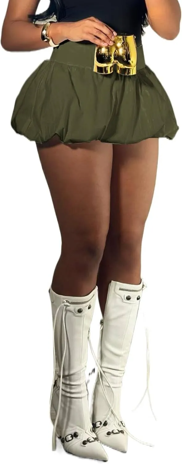 Women's Bubble Mini Skirt Elastic High Waist Pleated Puffy A Line Flared Balloon Y2k Ruffle Short Skirts Streetwear