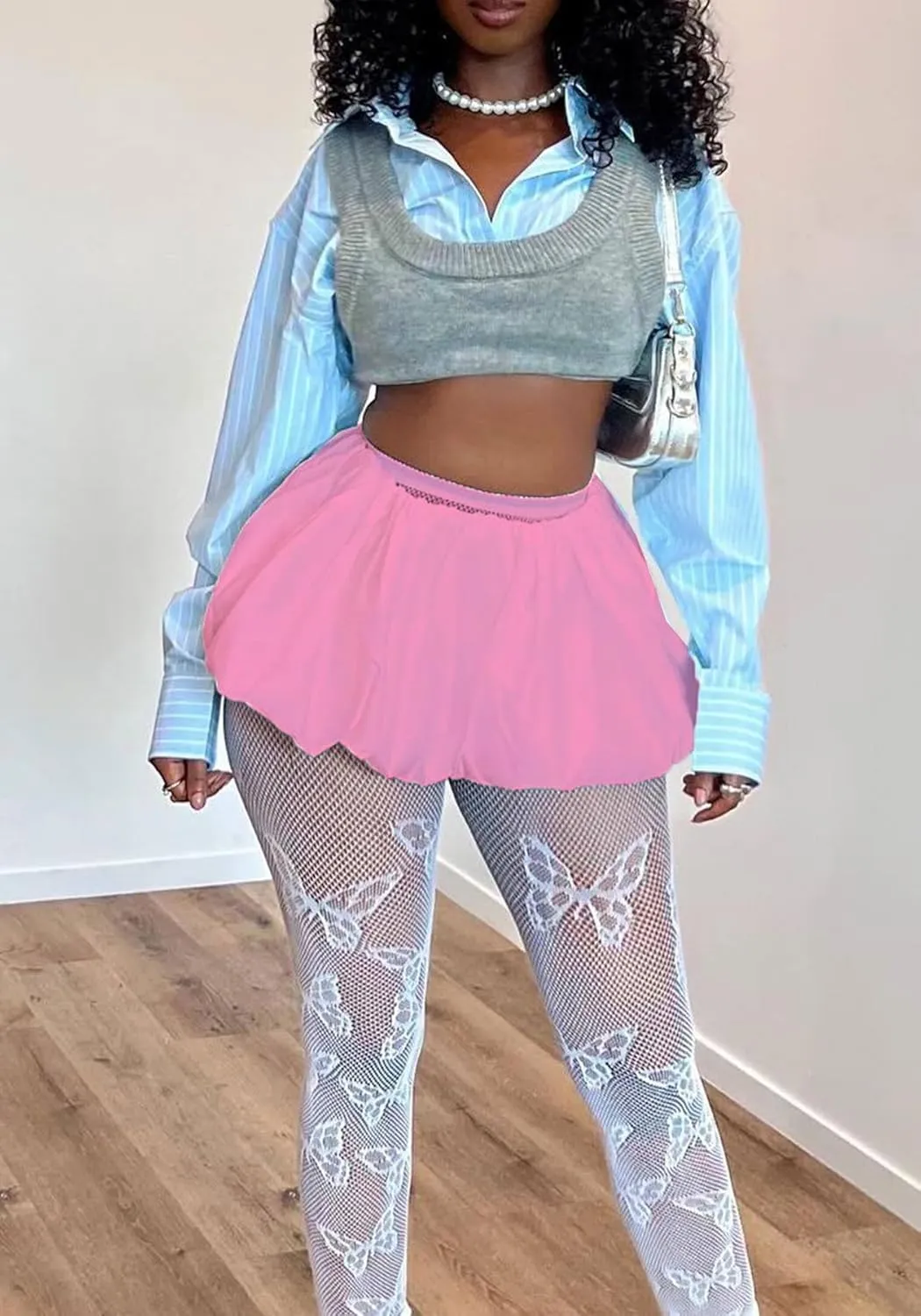 Women's Bubble Mini Skirt Elastic High Waist Pleated Puffy A Line Flared Balloon Y2k Ruffle Short Skirts Streetwear