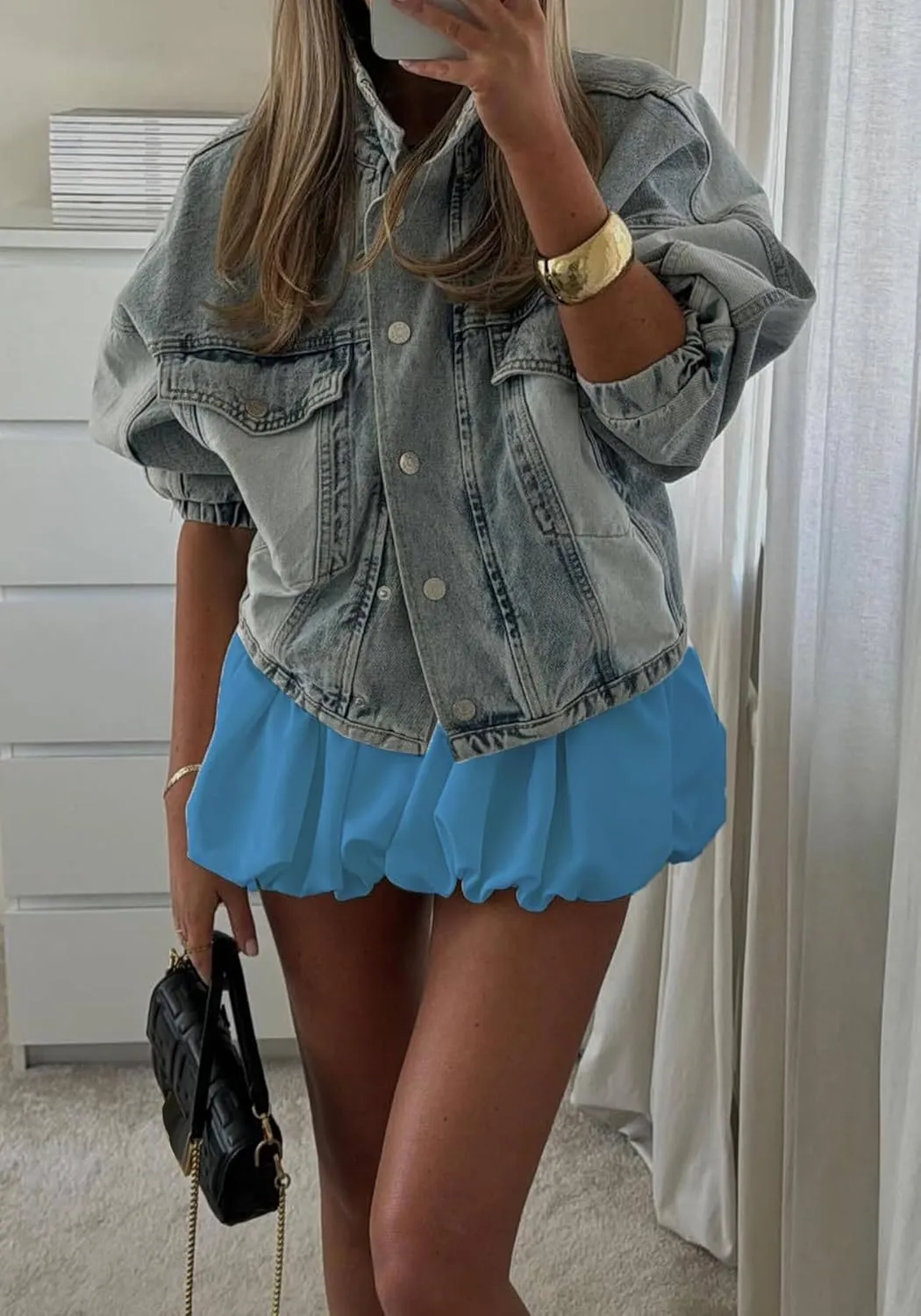 Women's Bubble Mini Skirt Elastic High Waist Pleated Puffy A Line Flared Balloon Y2k Ruffle Short Skirts Streetwear