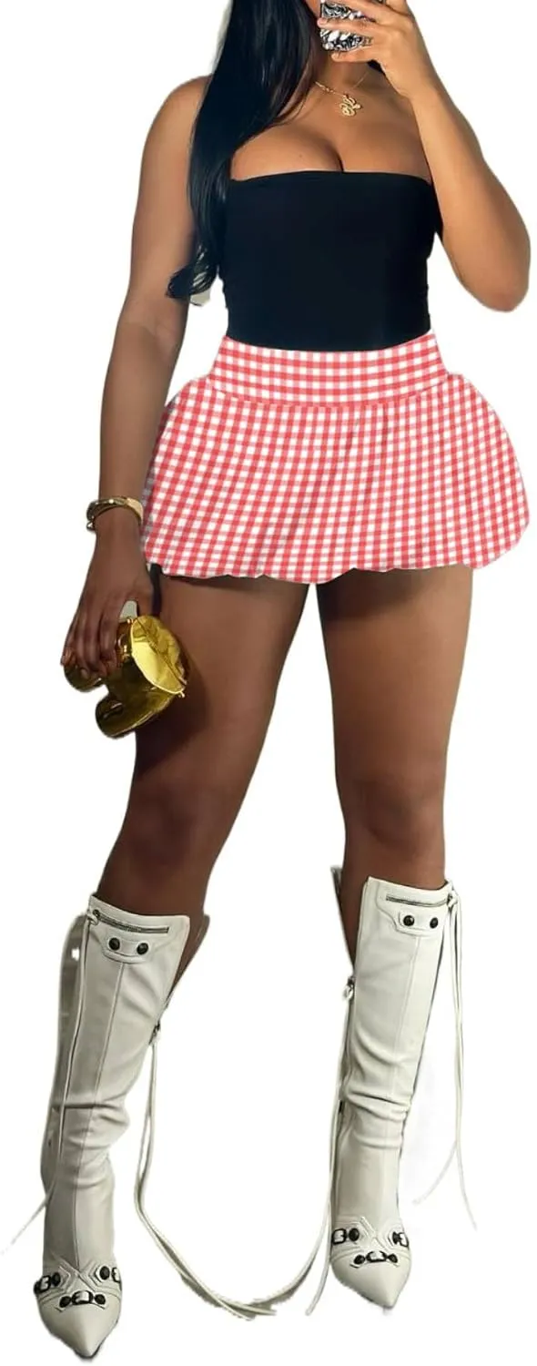 Women's Bubble Mini Skirt Elastic High Waist Pleated Puffy A Line Flared Balloon Y2k Ruffle Short Skirts Streetwear