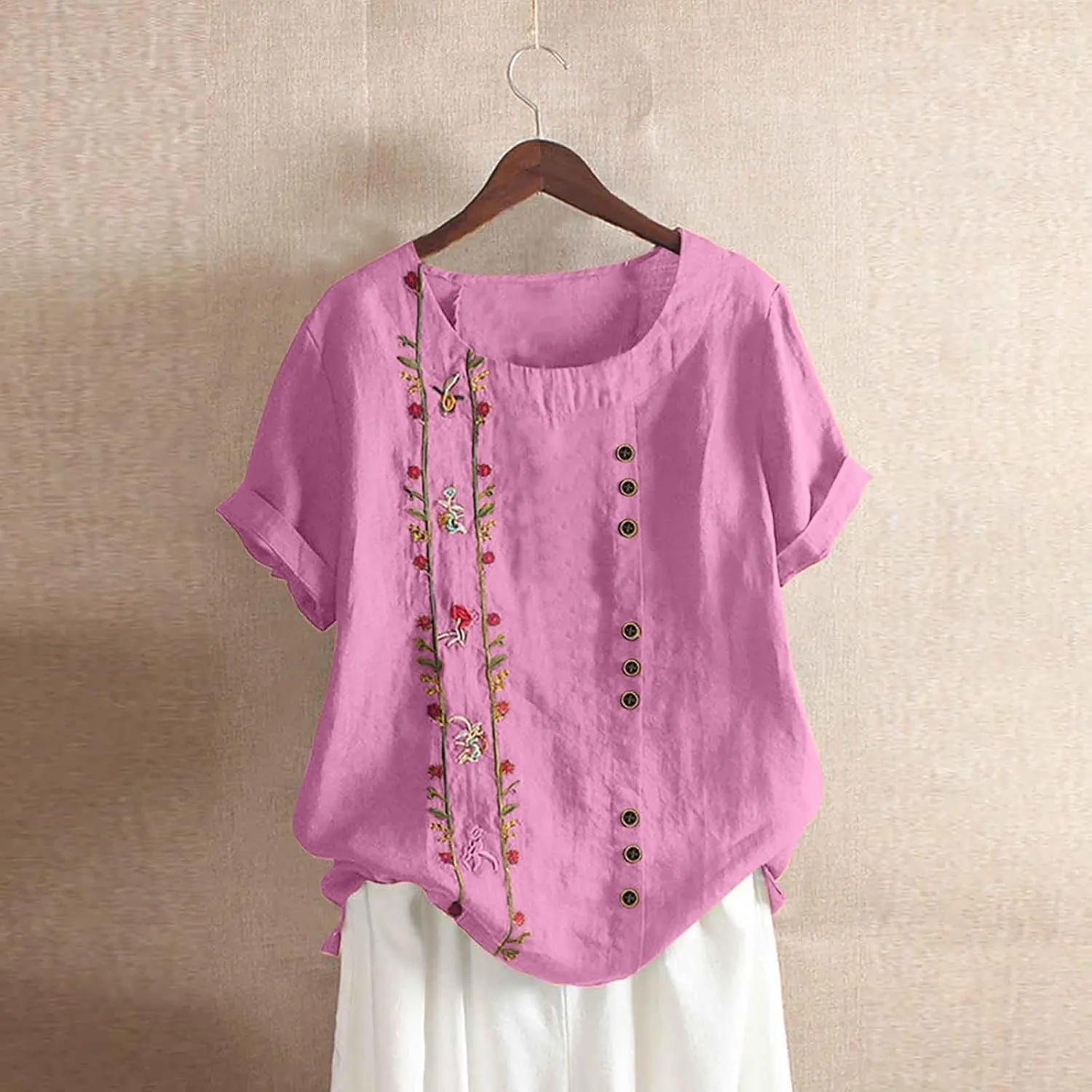 Womens Cotton Linen Summer Tops Short Sleeve Blouse Shirts Boho Peasant Tunics Shirt Trendy Cute Clothing 2024