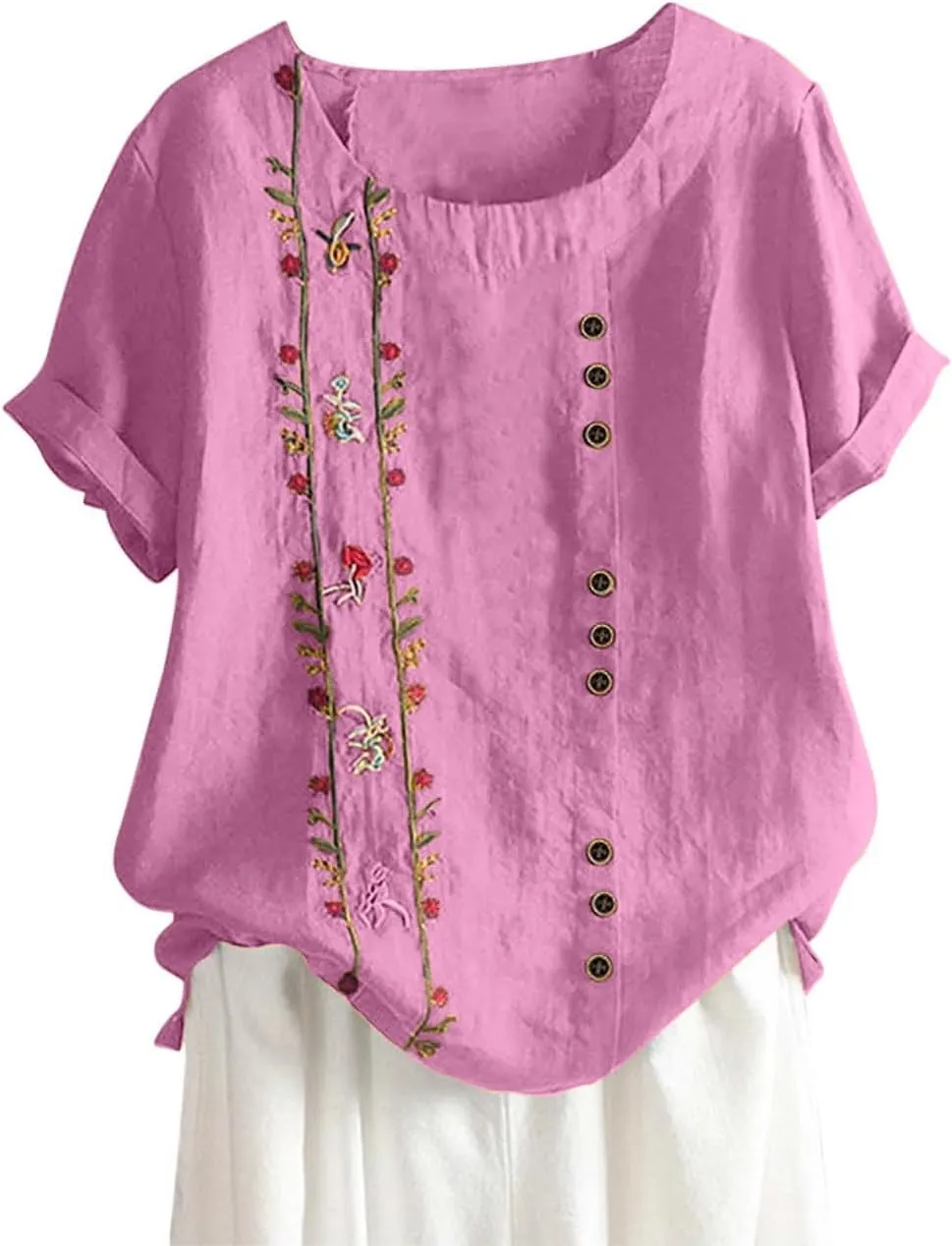 Womens Cotton Linen Summer Tops Short Sleeve Blouse Shirts Boho Peasant Tunics Shirt Trendy Cute Clothing 2024