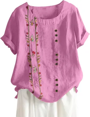 Womens Cotton Linen Summer Tops Short Sleeve Blouse Shirts Boho Peasant Tunics Shirt Trendy Cute Clothing 2024