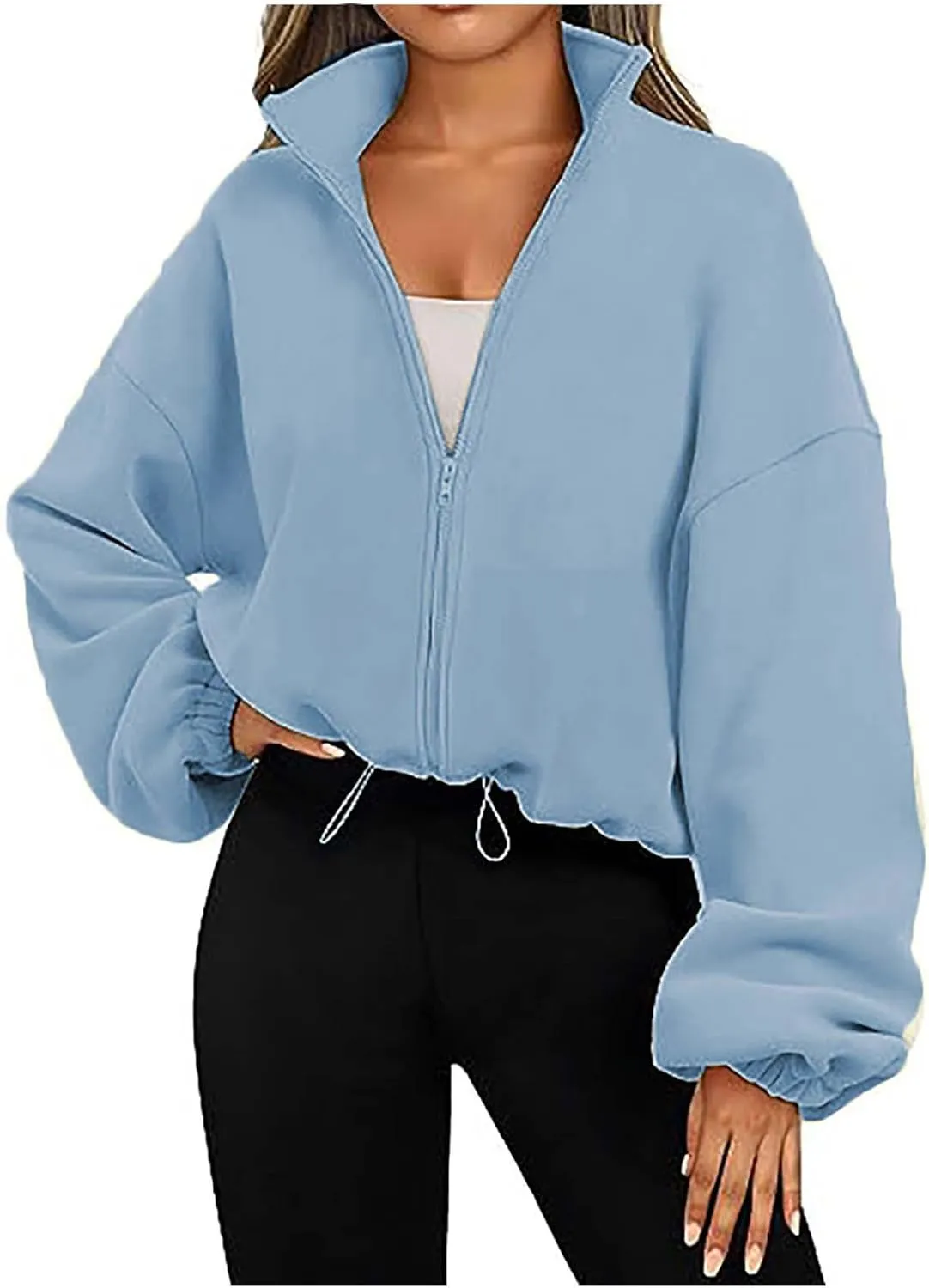 Womens Fashion Oversized Sweatshirts Zip Up Jacket Fleece Cropped Coats Teen Girls Long Sleeve Stand Collar Y2K Clothes