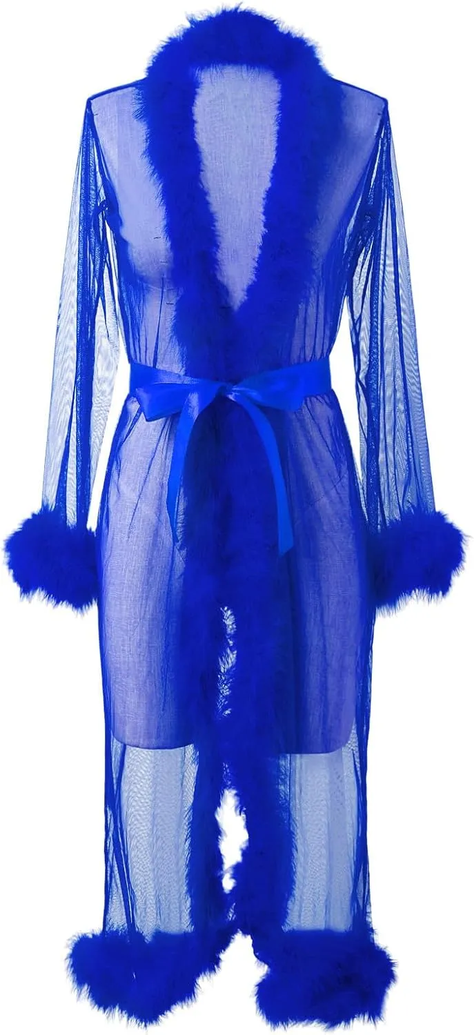Women's Feather Lace Robe,Long Sexy Nightgown Bathrobe,Elegant Sleepwear for Bridal or Romantic Nights Honeymoon