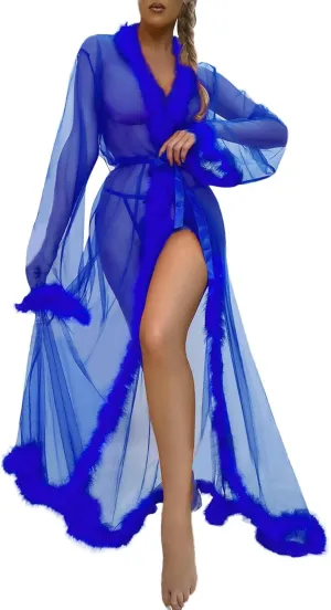 Women's Feather Lace Robe,Long Sexy Nightgown Bathrobe,Elegant Sleepwear for Bridal or Romantic Nights Honeymoon