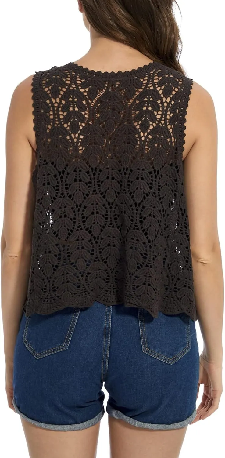 Women's Floral Crochet Vest Hollow Out Open Front Vintage Boho Lace Button Sleeveless Crochet Cardigan
