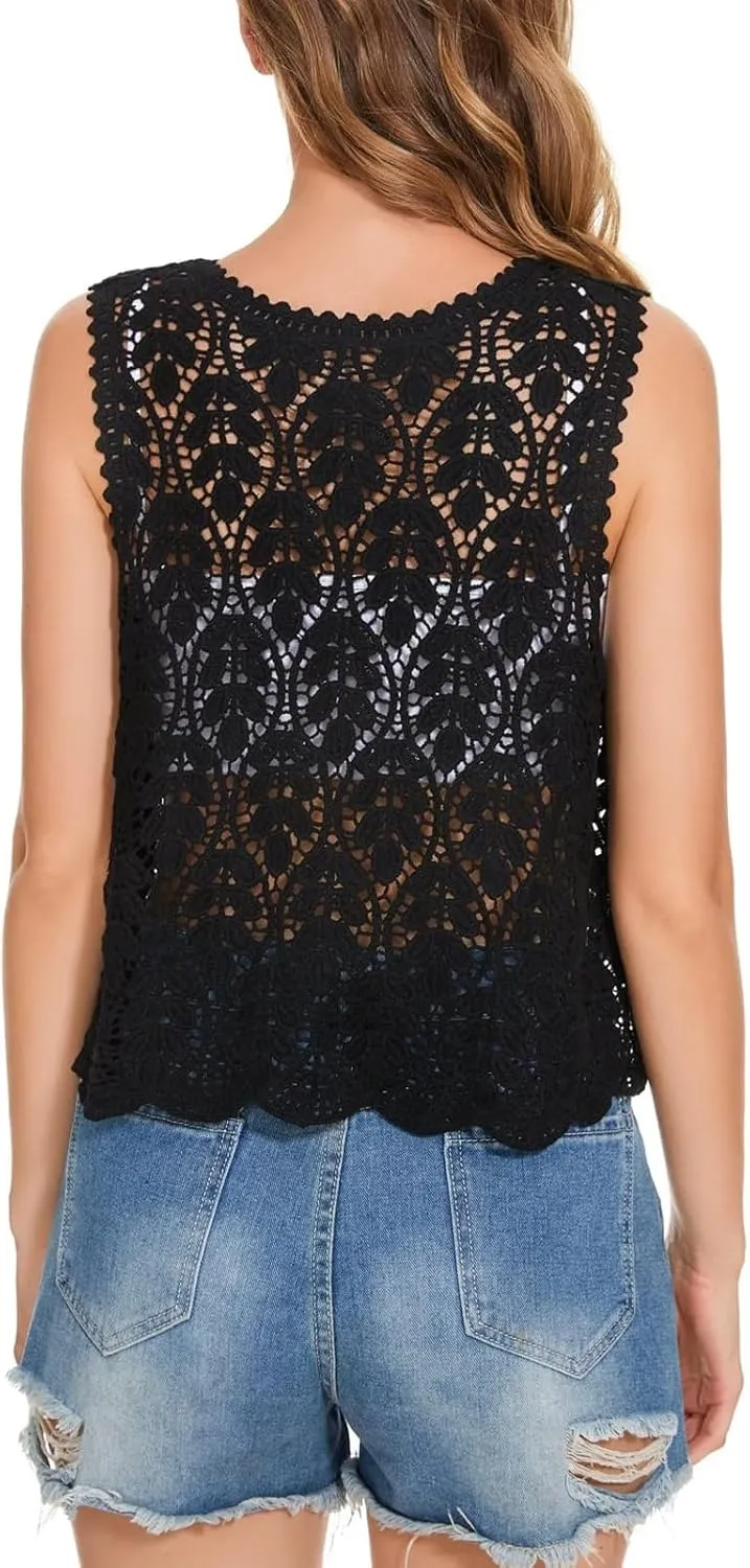 Women's Floral Crochet Vest Hollow Out Open Front Vintage Boho Lace Button Sleeveless Crochet Cardigan