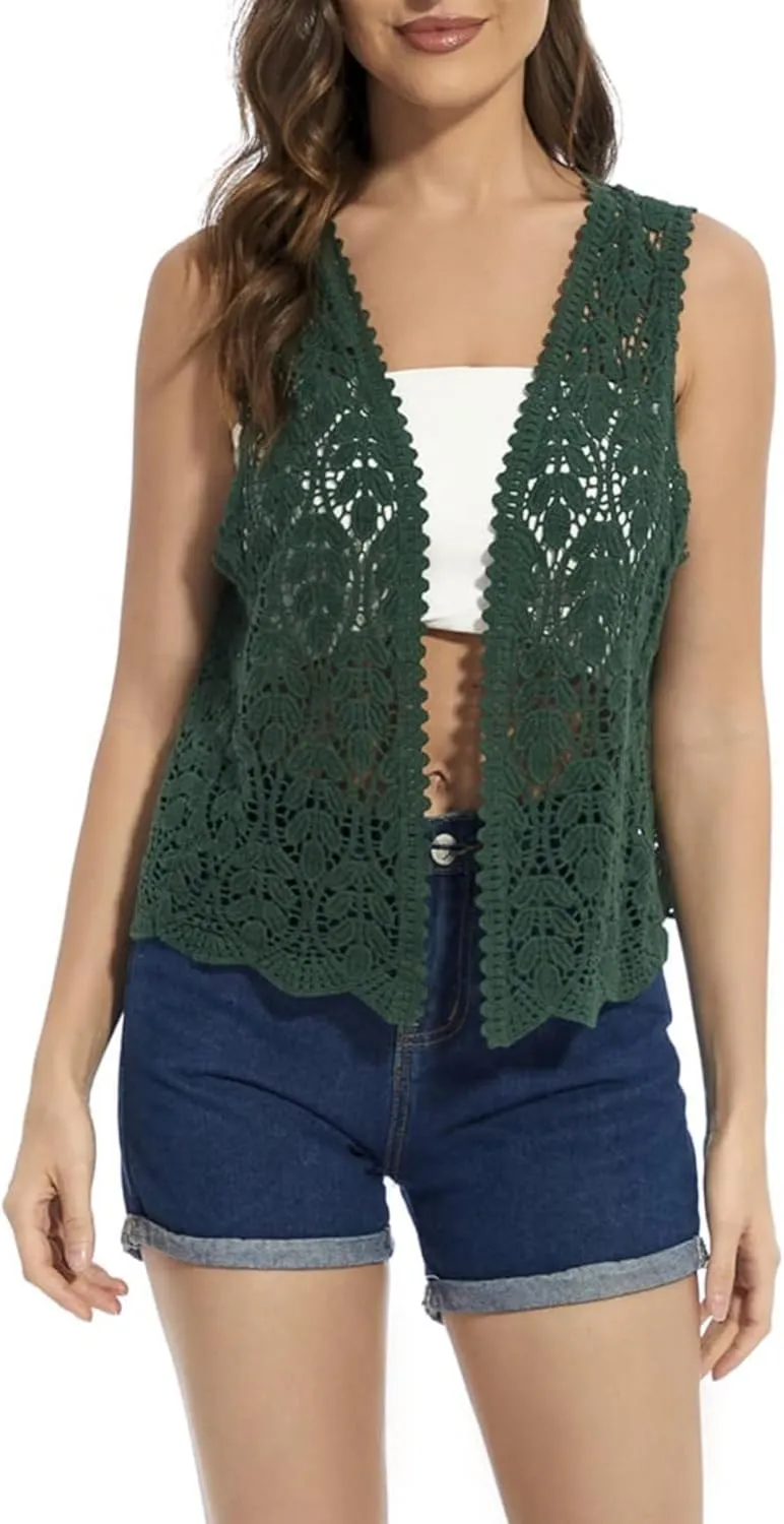 Women's Floral Crochet Vest Hollow Out Open Front Vintage Boho Lace Button Sleeveless Crochet Cardigan