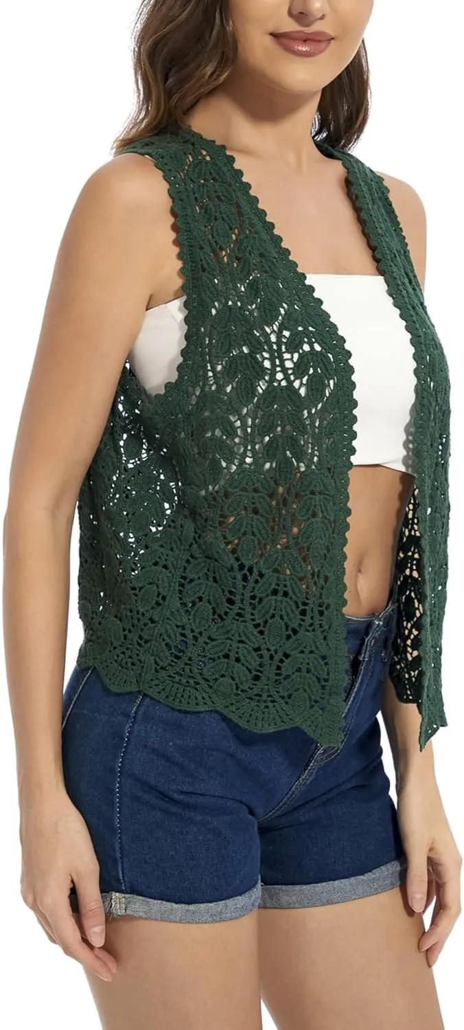 Women's Floral Crochet Vest Hollow Out Open Front Vintage Boho Lace Button Sleeveless Crochet Cardigan