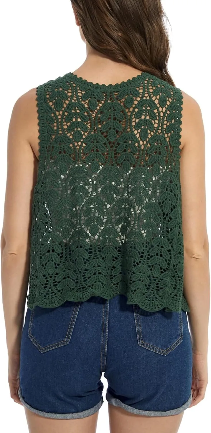 Women's Floral Crochet Vest Hollow Out Open Front Vintage Boho Lace Button Sleeveless Crochet Cardigan
