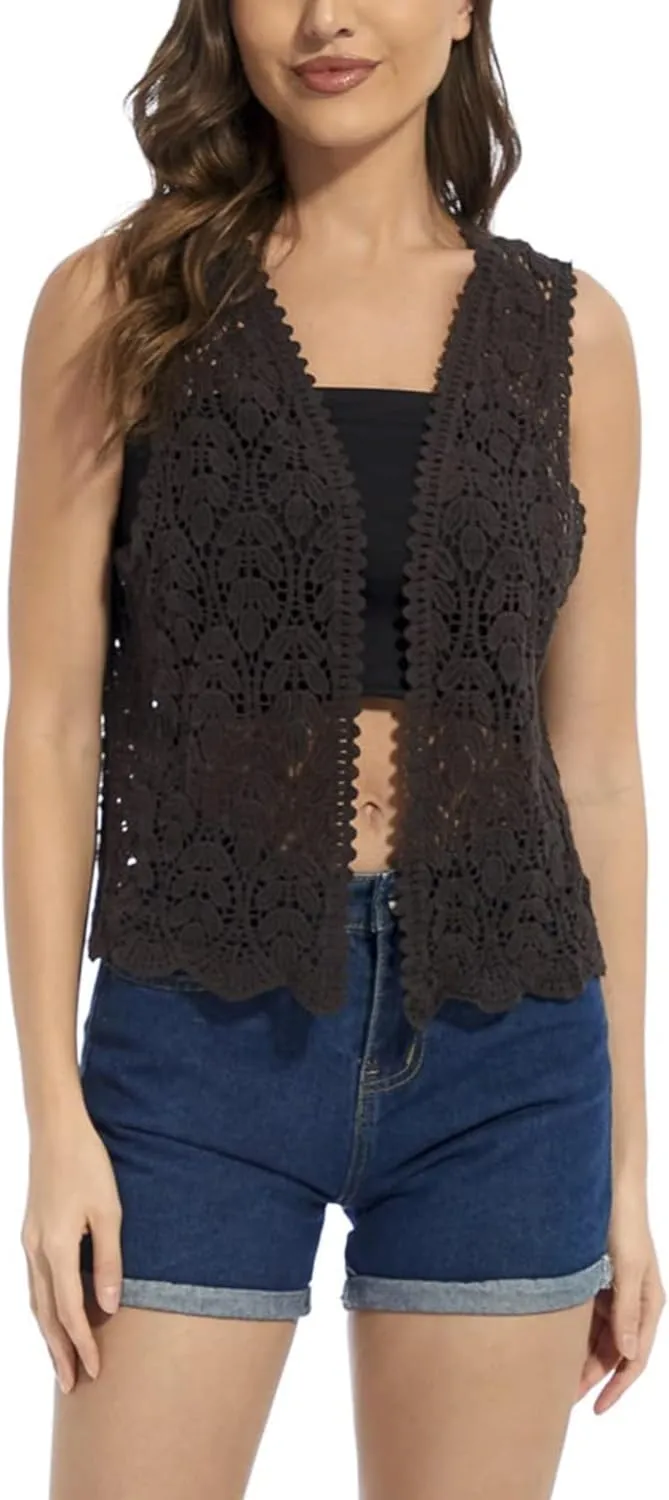 Women's Floral Crochet Vest Hollow Out Open Front Vintage Boho Lace Button Sleeveless Crochet Cardigan